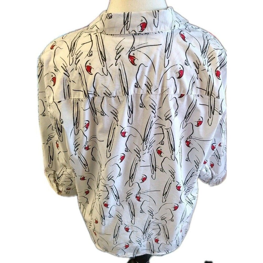 Chico's Blouse Size 1 US M Parrot Print 3/4 Sleeve Tie Button Cotton - Picture 5 of 7